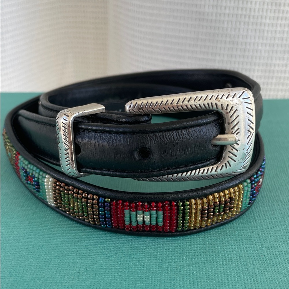 Brighton Black Leather Beaded  Belt with Silver Accents